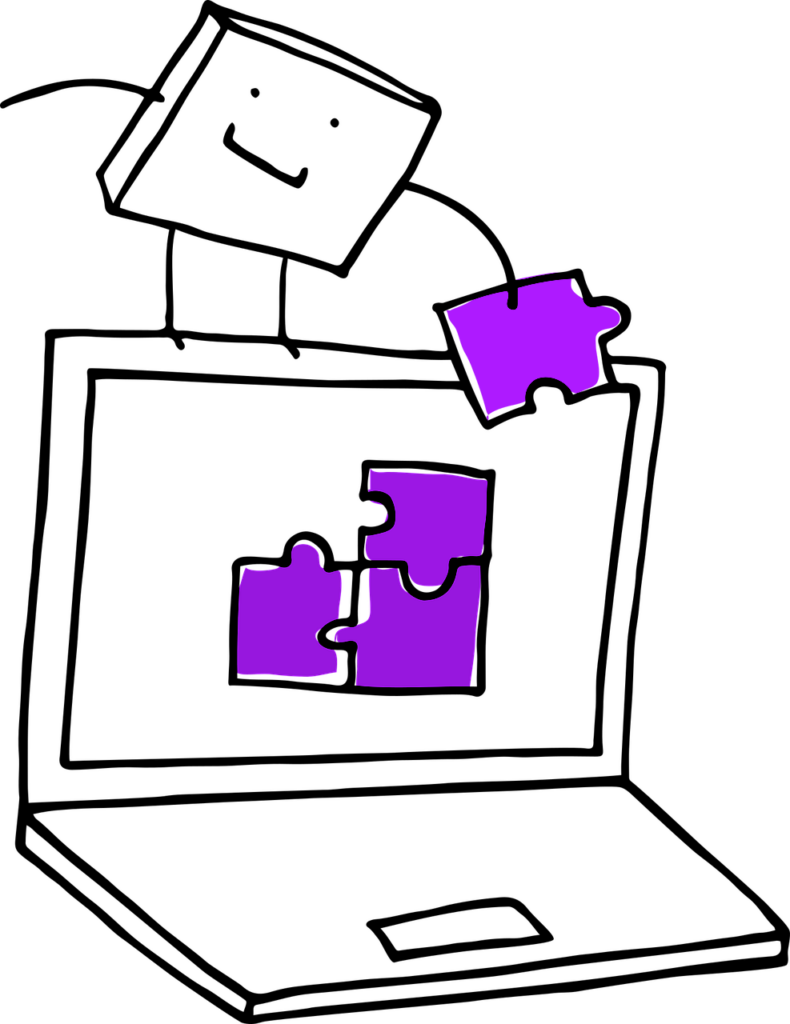 Die Strichzeichnung eines fröhlichen Quadrats, das auf einem Aufgeklappten Notebook steht und eines von vier Puzzleteilen in der Hand hält. Auf dem Bildschirm sind bereits drei Teile zu einem angedeuteten Quadrat zusammengesetzt.